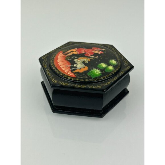 Artist Signed Russian Black Lacquer Trinket Box Hexagon Boy Donkey Pony READ - Picture 8 of 15